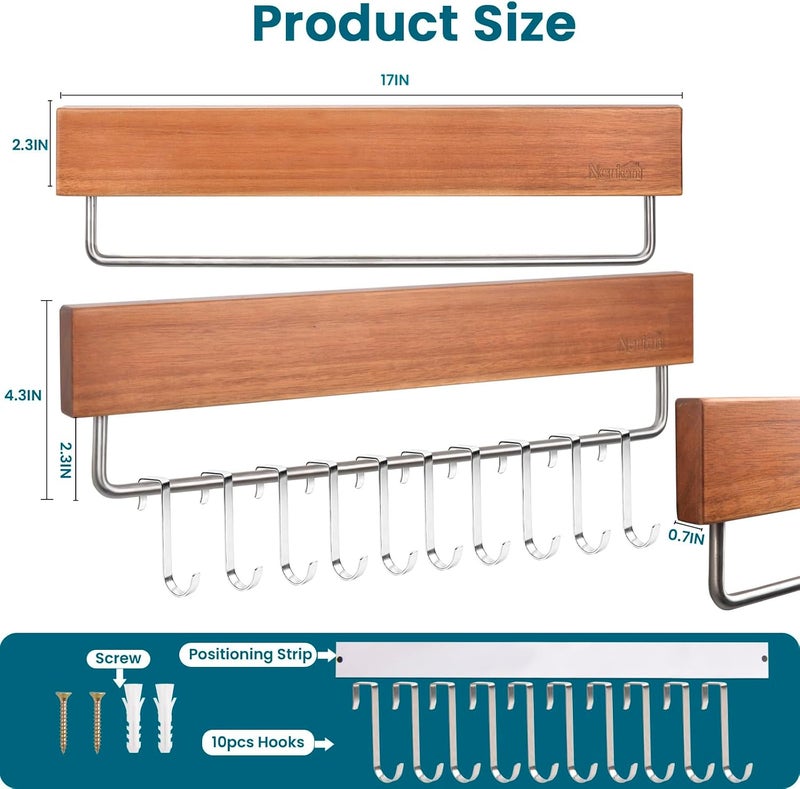 Nerien Magnetic Knife Holder Strip for Wall - 17" Acacia Wood Knife Magnetic Strip with 10pcs Hooks, No Drilling Knives Magnet Block Rack, Magnet Knives Storage Holders for Kitchen Utensil Organizer - Image 2